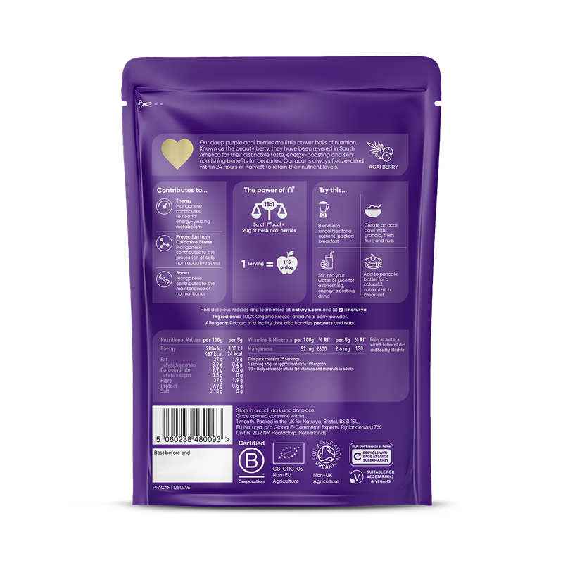 Naturya Organic Acai Powder 125g, imported from the UK