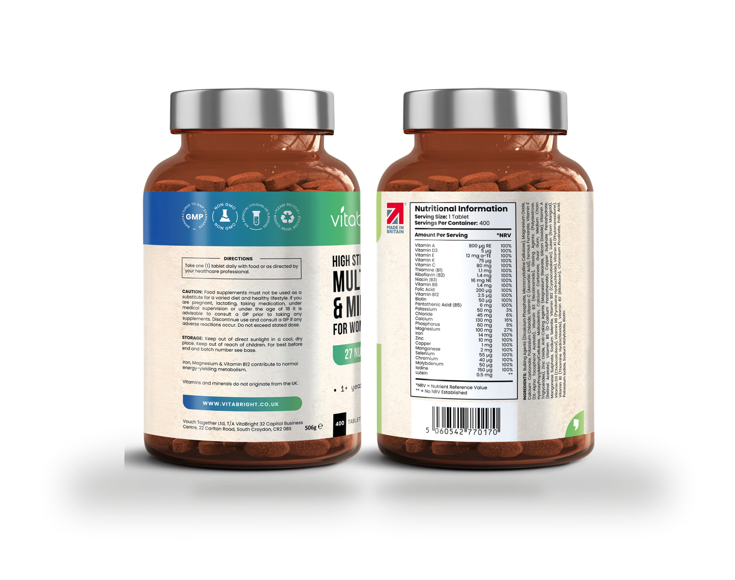 VitaBright multivitamin tablets 27 nutrients 400 tablets (British brand)