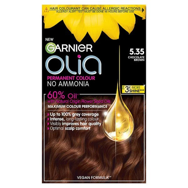 Garnier Olia rich chocolate brown hair dye, imported from the UK