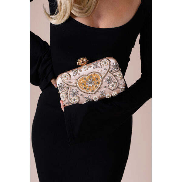 SVNX embellished heart clutch bag gold chain strap, UK version
