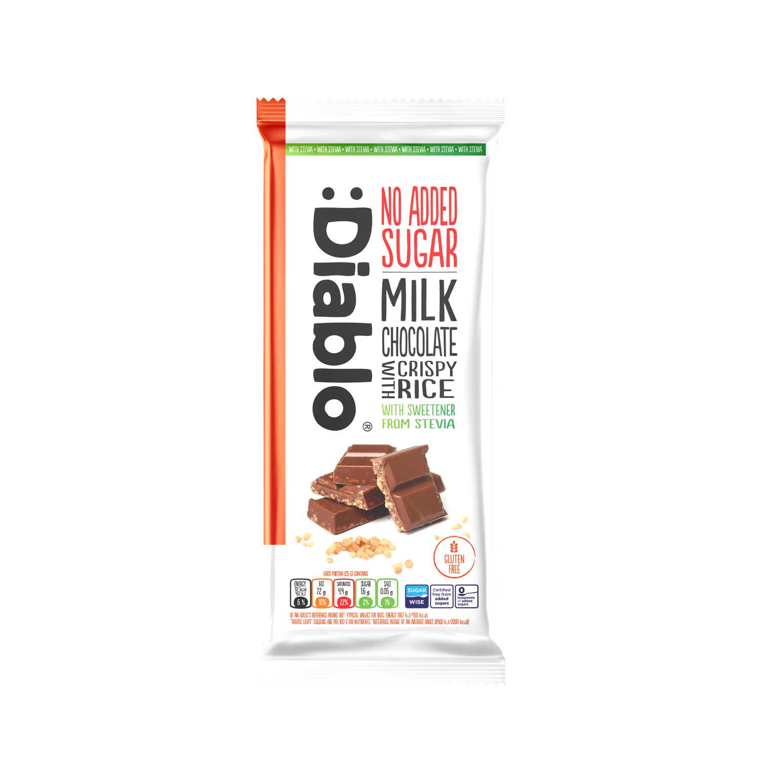 Diablo no added sugar milk chocolate crispy rice bar 75g, imported from the UK