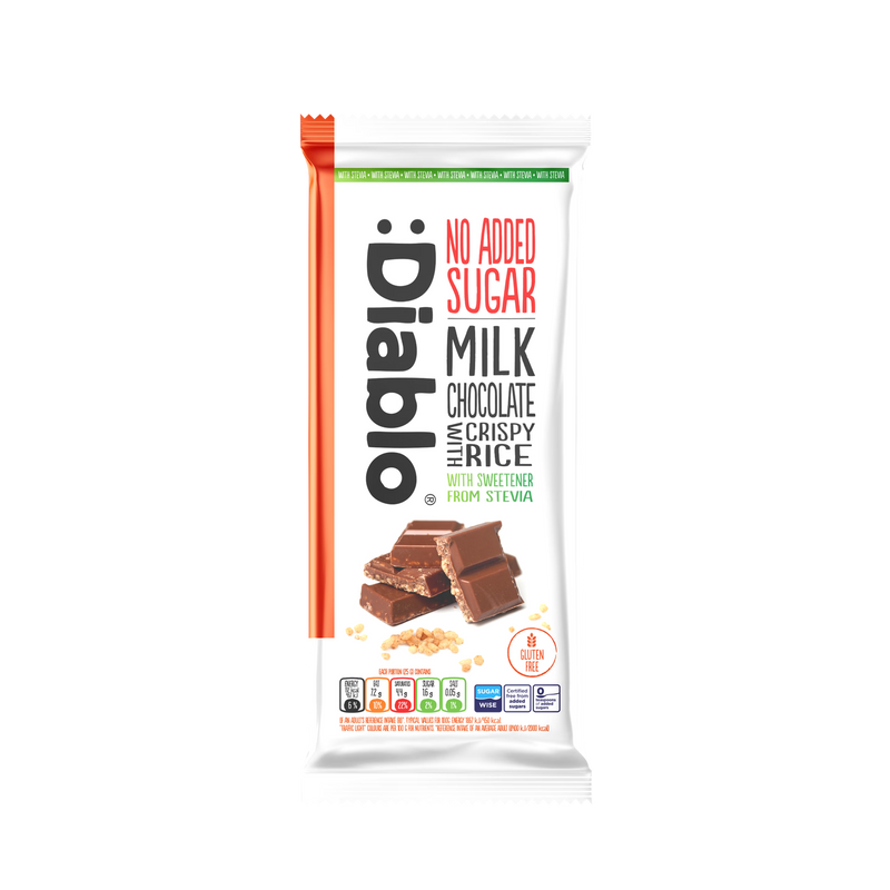 Diablo no added sugar milk chocolate crispy rice bar 75g, imported from the UK