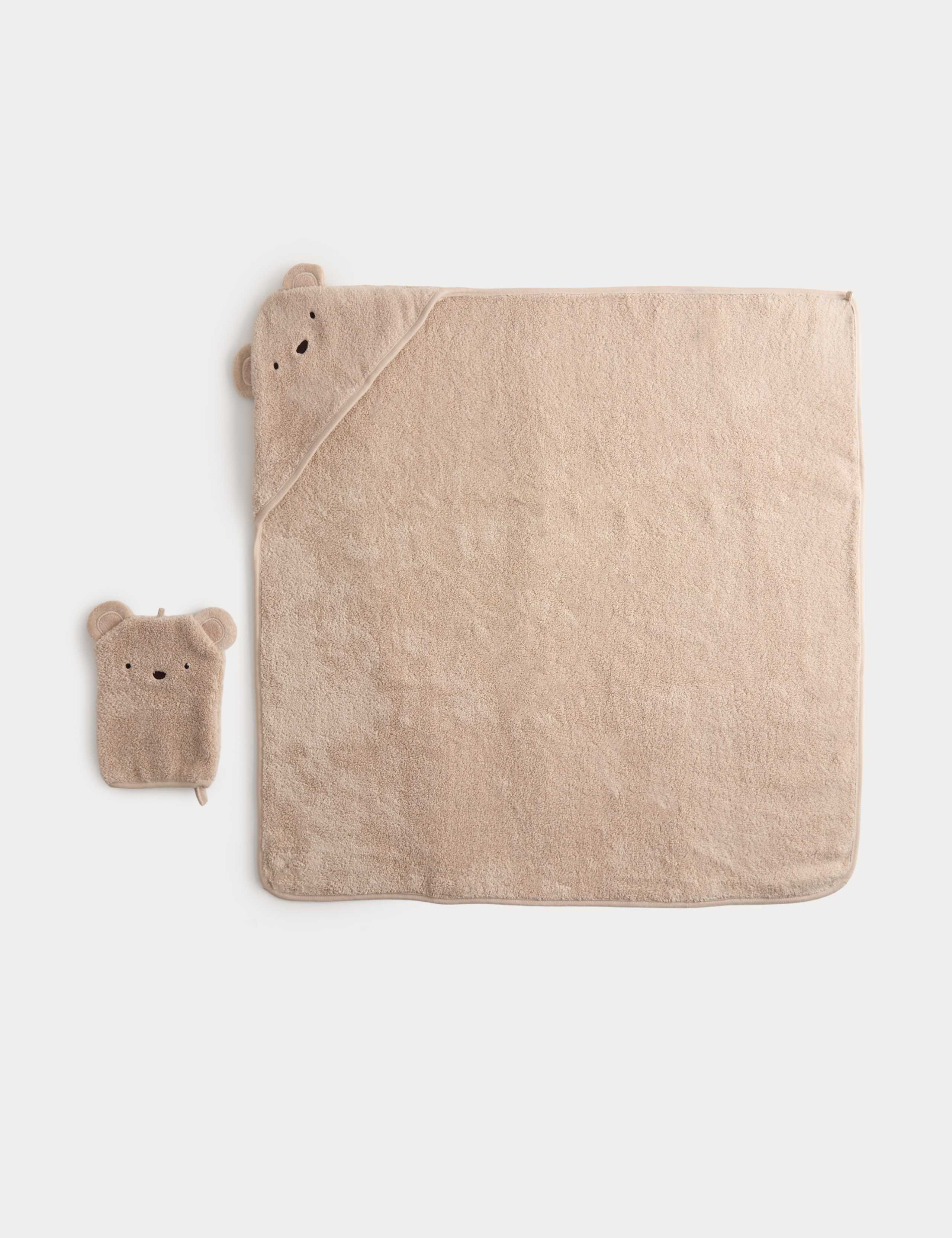 Bear hooded towel and wash mitt set in pure cotton (British brand)