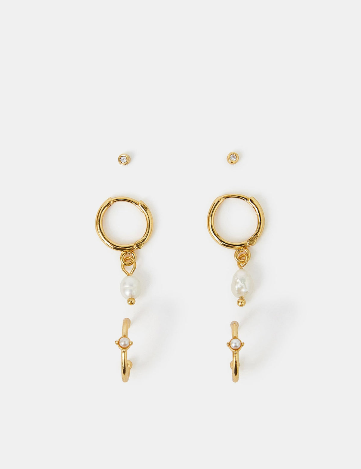 Accessorize gold plated pearl hoop and stud earrings 3 pack - British product