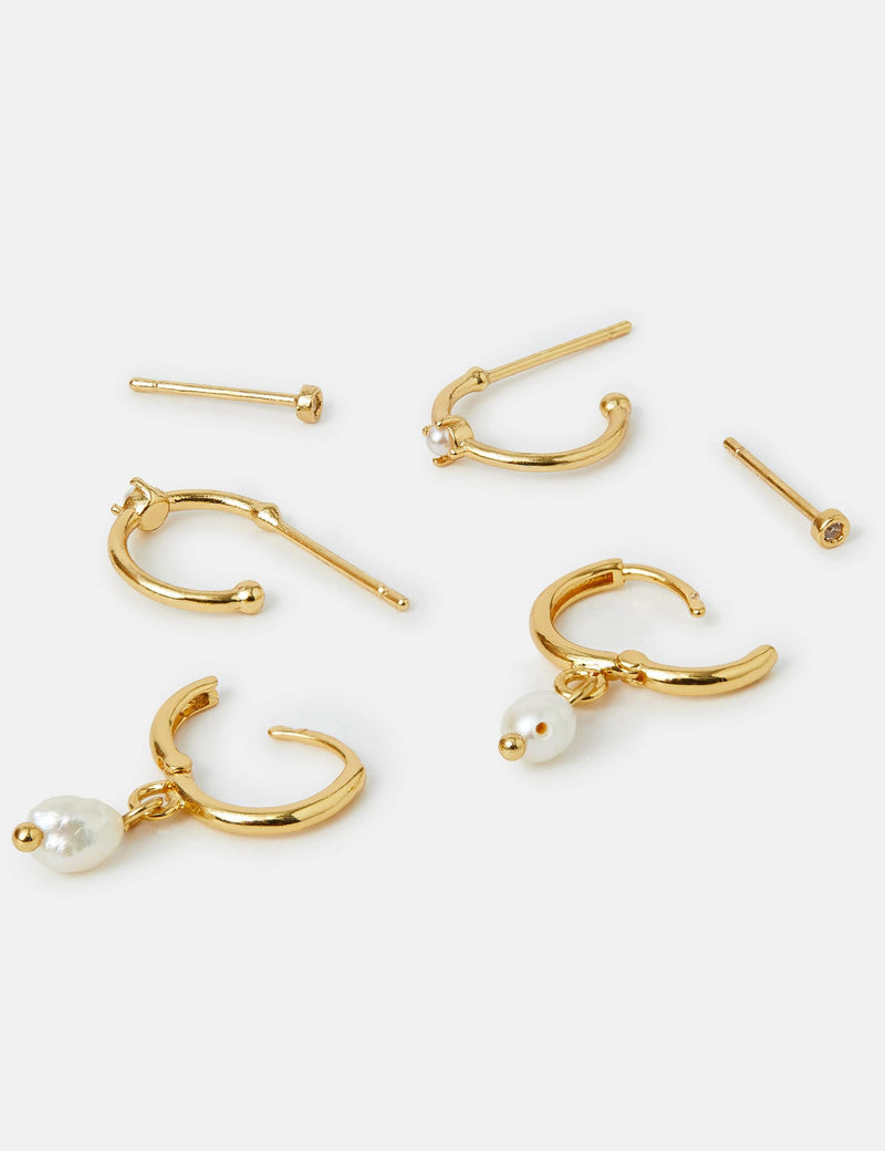 Accessorize gold plated pearl hoop and stud earrings 3 pack - British product