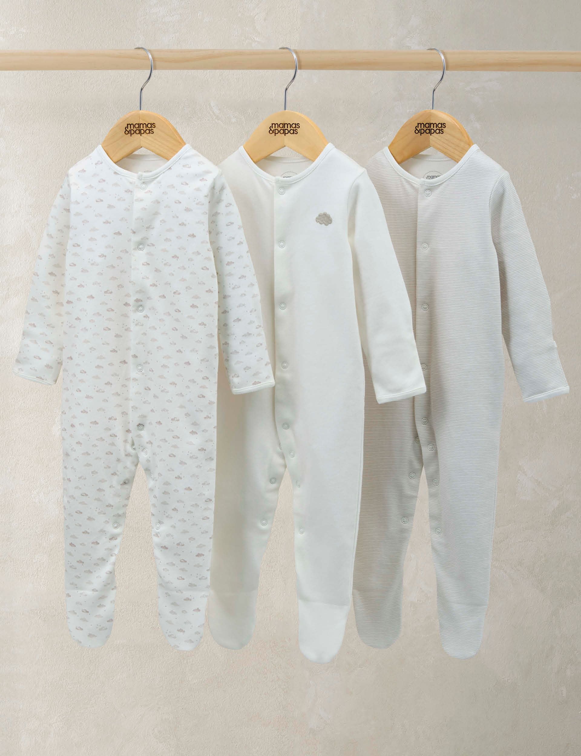 Mamas & Papas cloud sleepsuits 3 pack for 0-24 months, imported from the UK