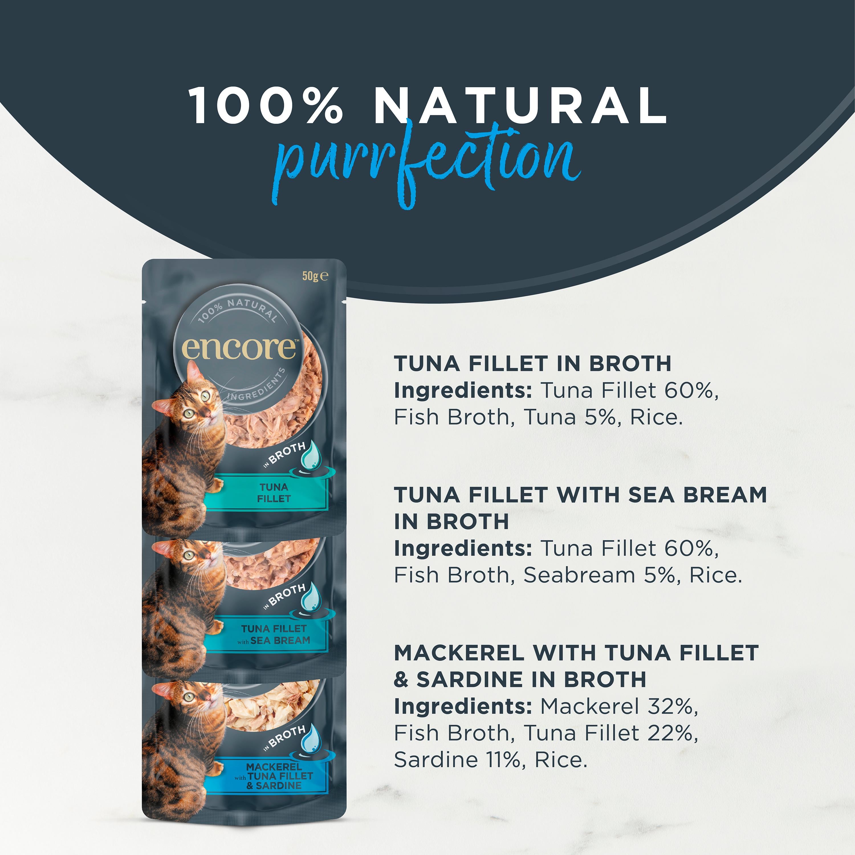 Encore cat food pouches fish selection in broth 5x50g, imported from the UK