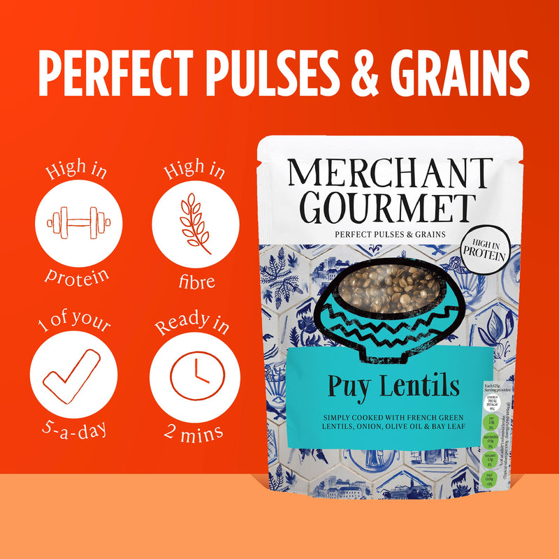 Merchant Gourmet cooked Puy and green lentils pouch 250g, UK version