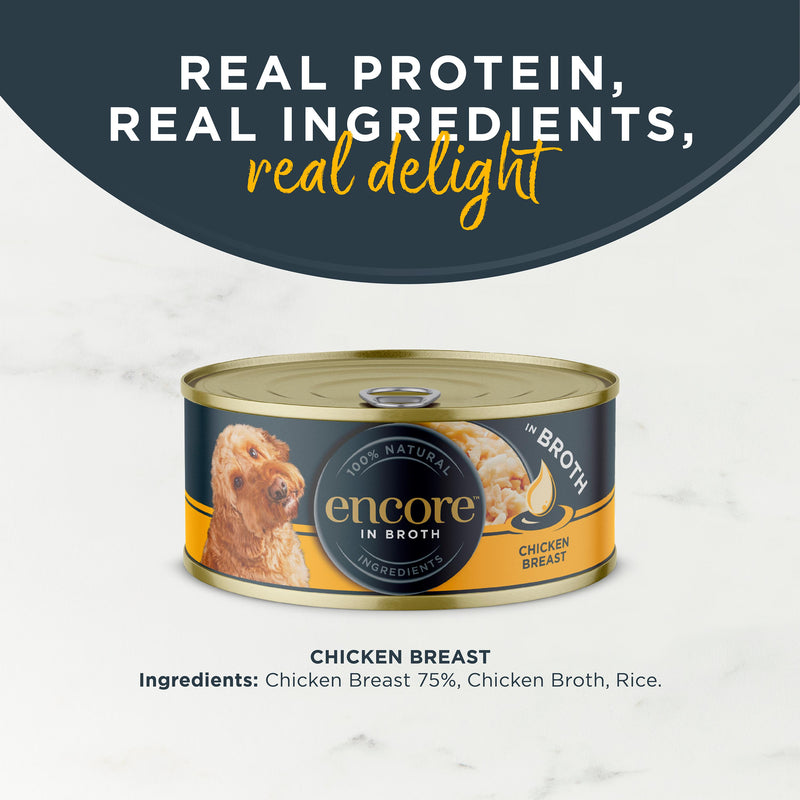 Encore dog food chicken selection in broth 156g, imported from the UK
