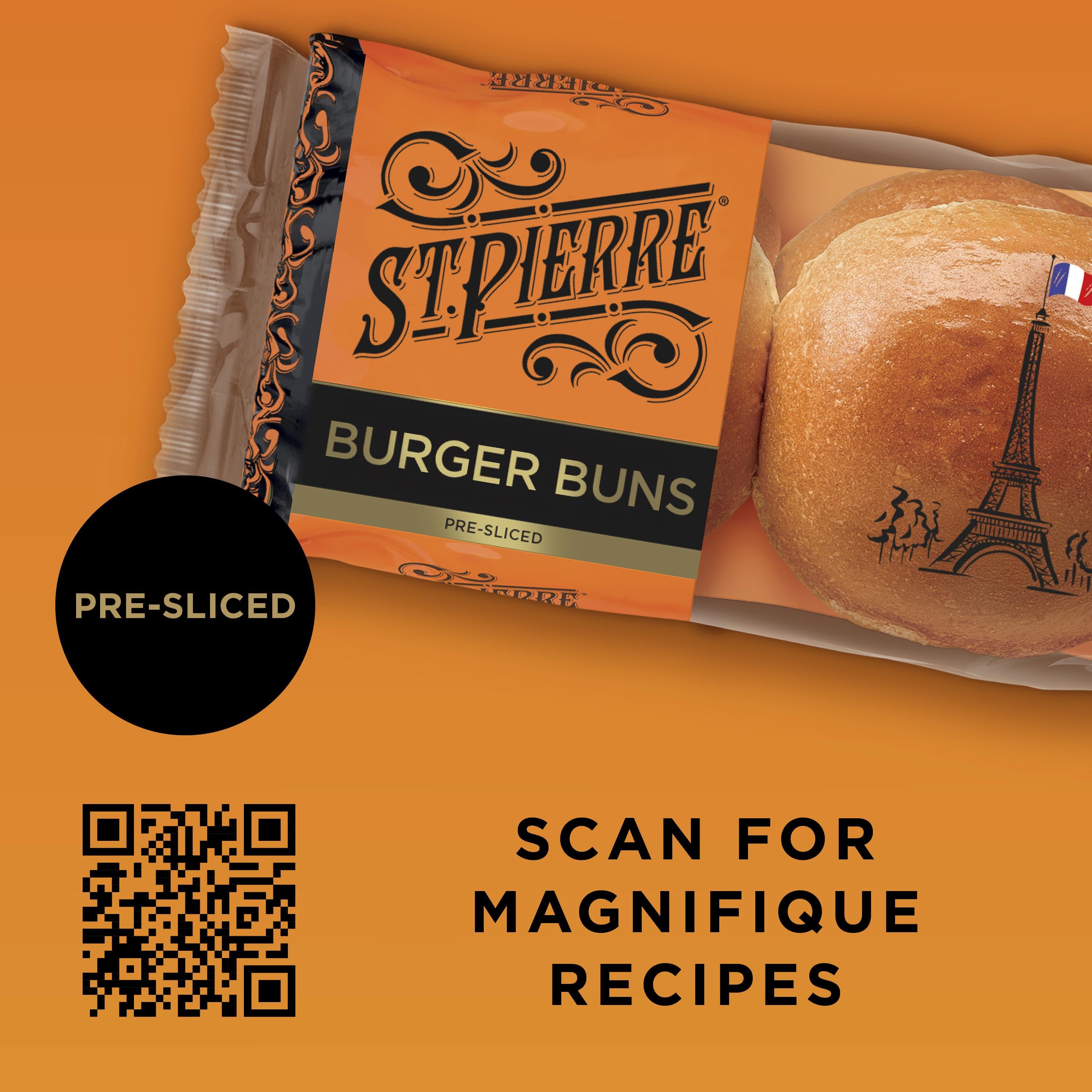 St Pierre burger buns pre-sliced pack of 4, imported from the UK