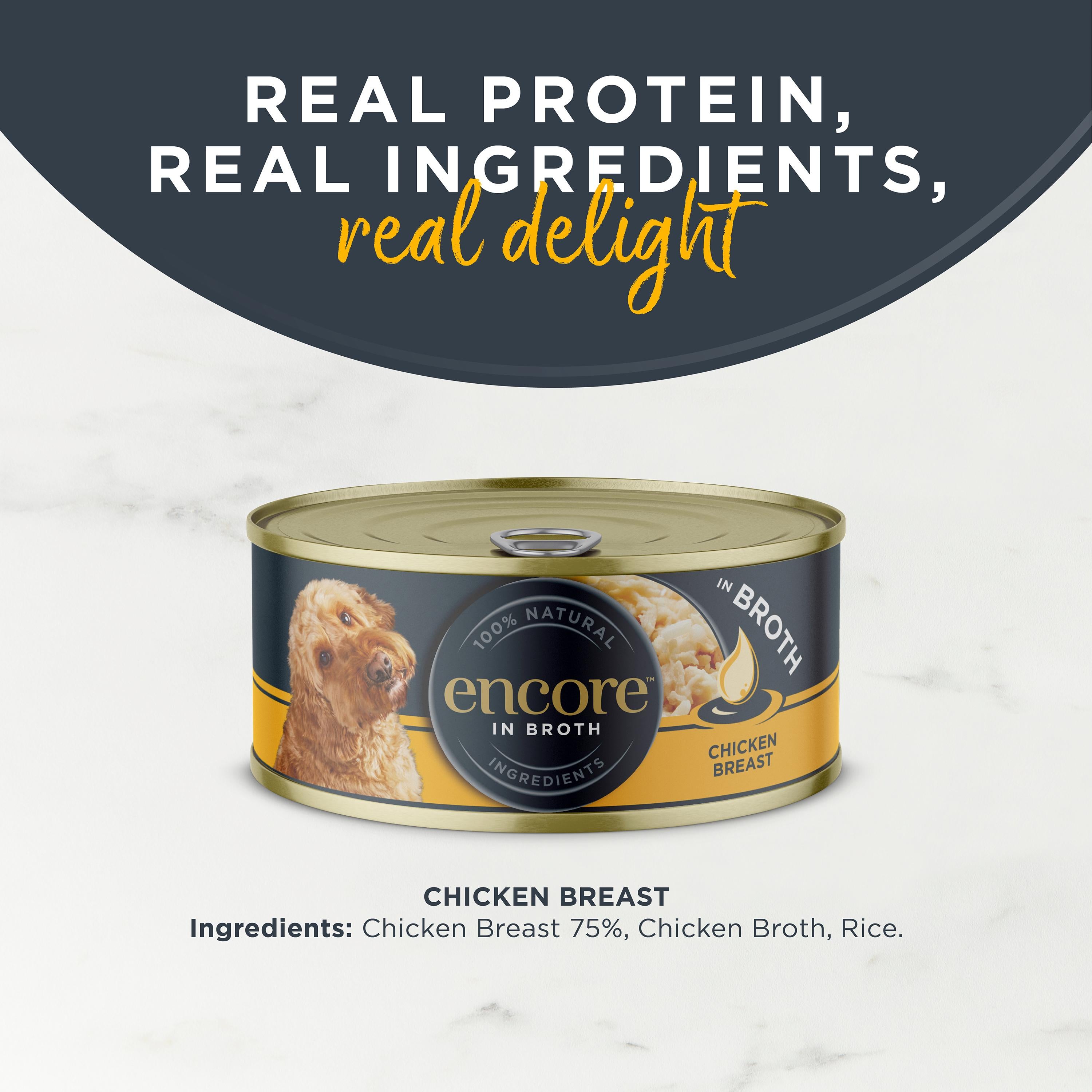 Encore dog food chicken selection in broth 156g, imported from the UK