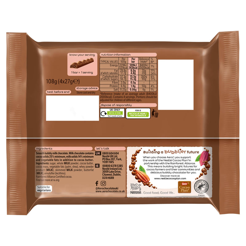 Aero Bubbly milk chocolate multipack 4x27g, imported from the UK
