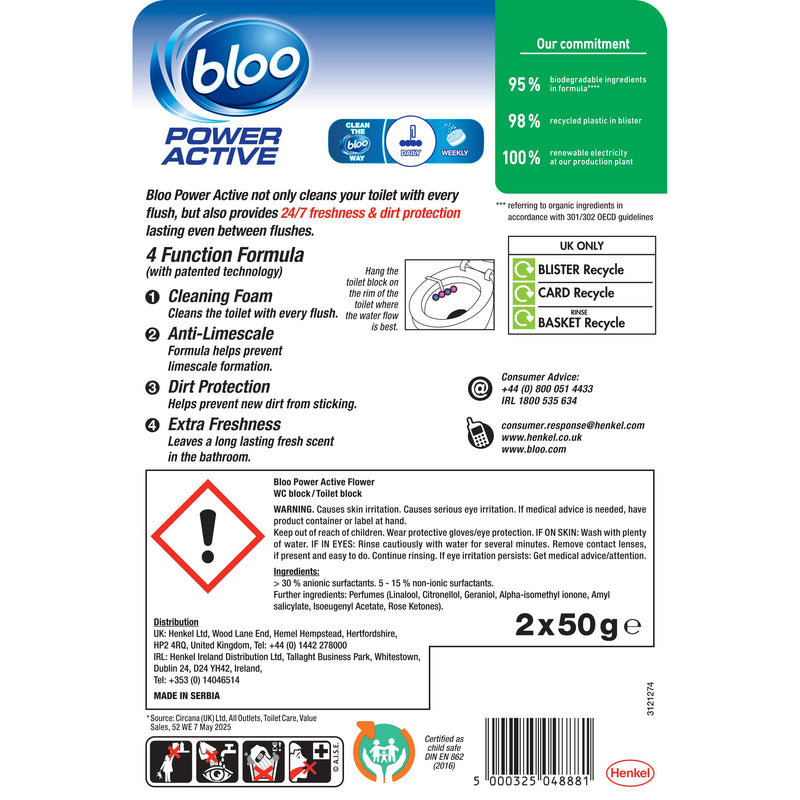 Bloo Power Active flower rim blocks 2x50g, imported from the UK