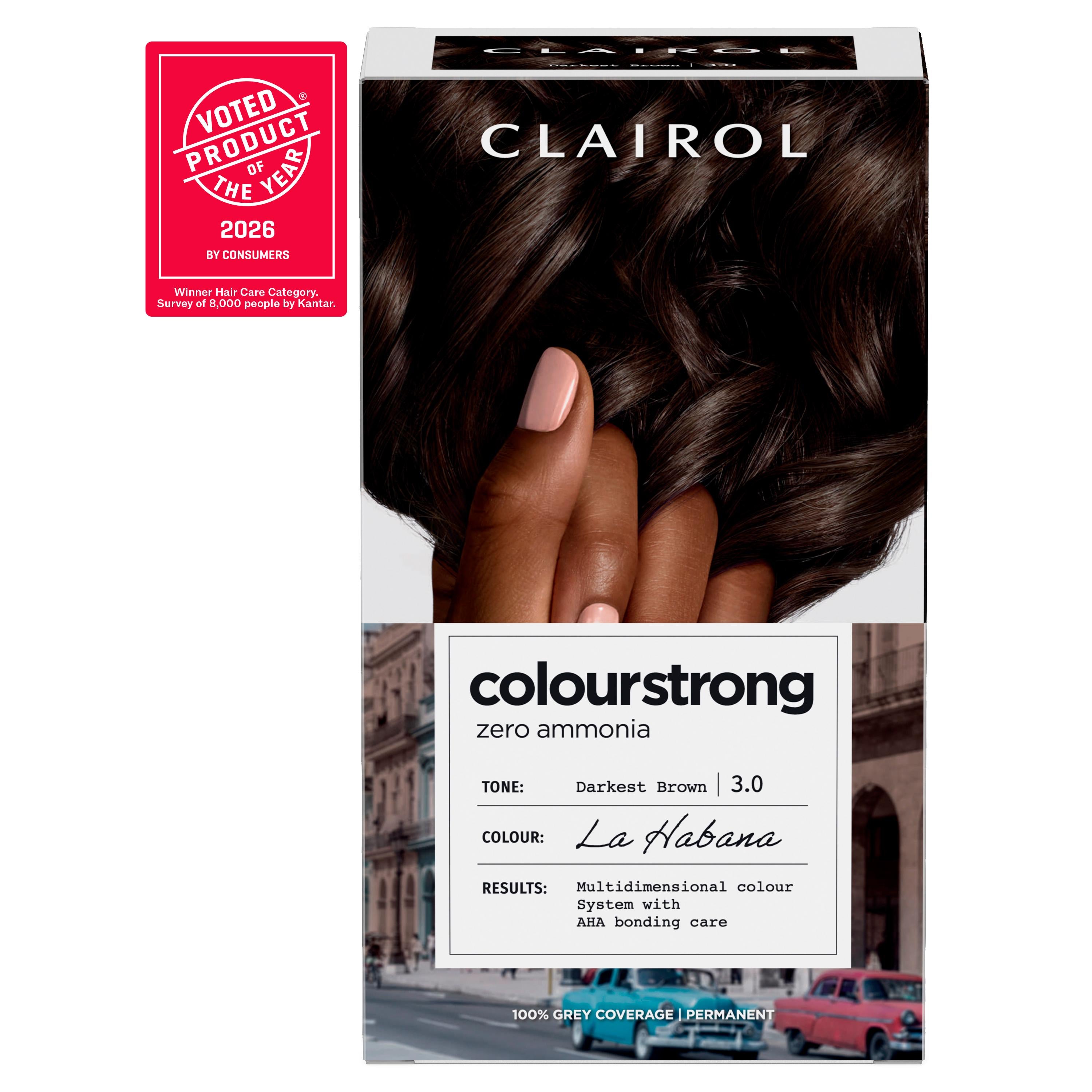 Clairol Colour Strong permanent hair dye Darkest Brown 3.0, imported from the UK