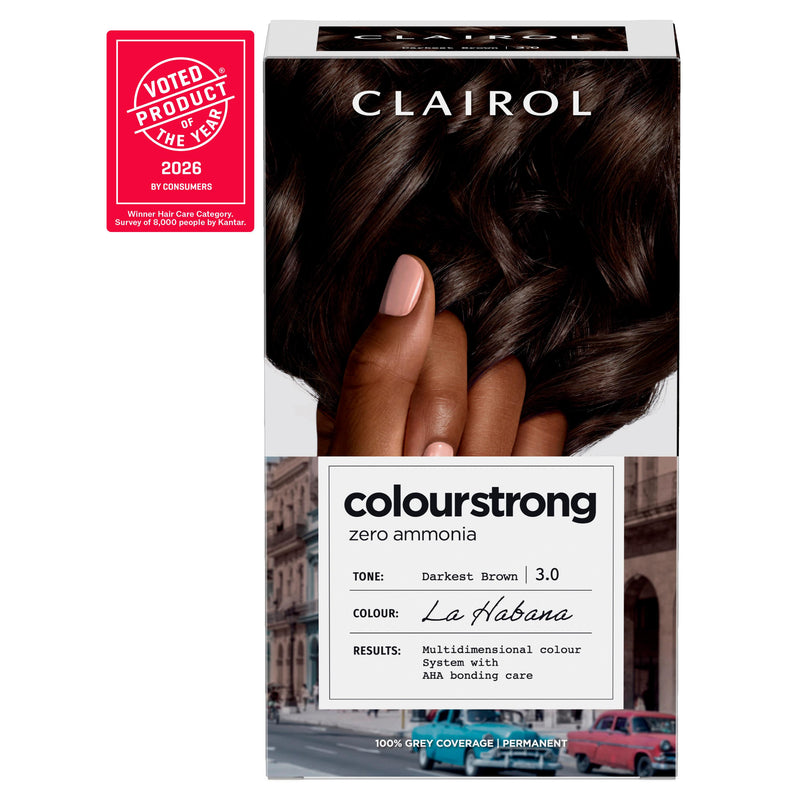 Clairol Colour Strong permanent hair dye Darkest Brown 3.0, imported from the UK