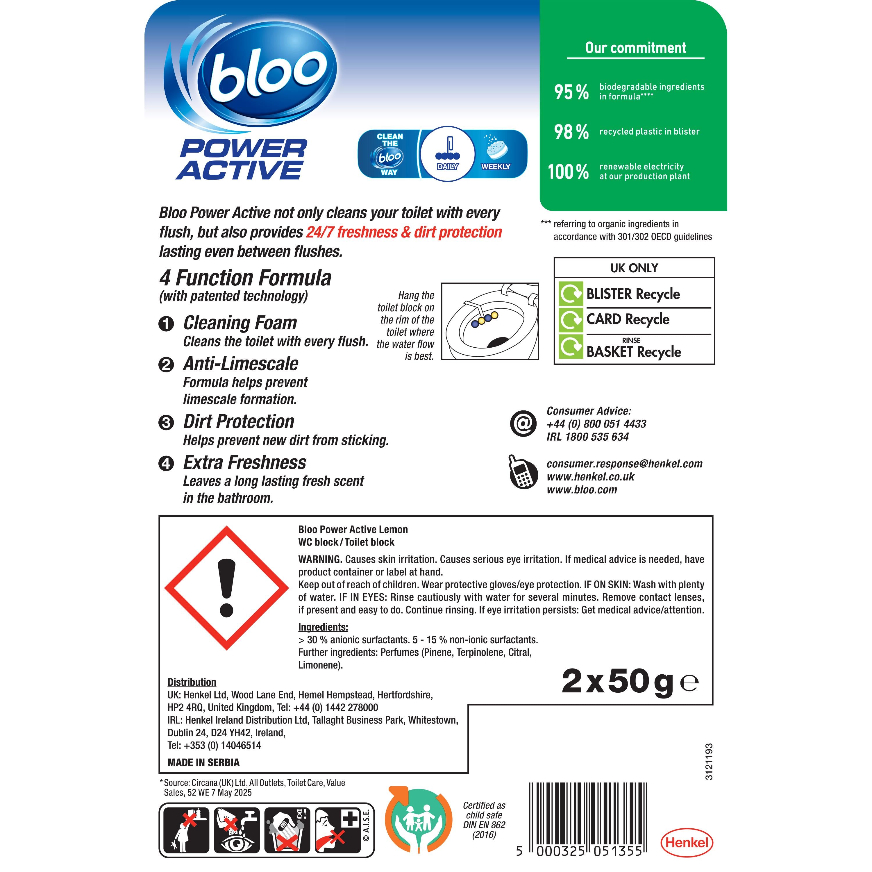 Bloo Power Active lemon toilet rim blocks 2x50g, imported from the UK
