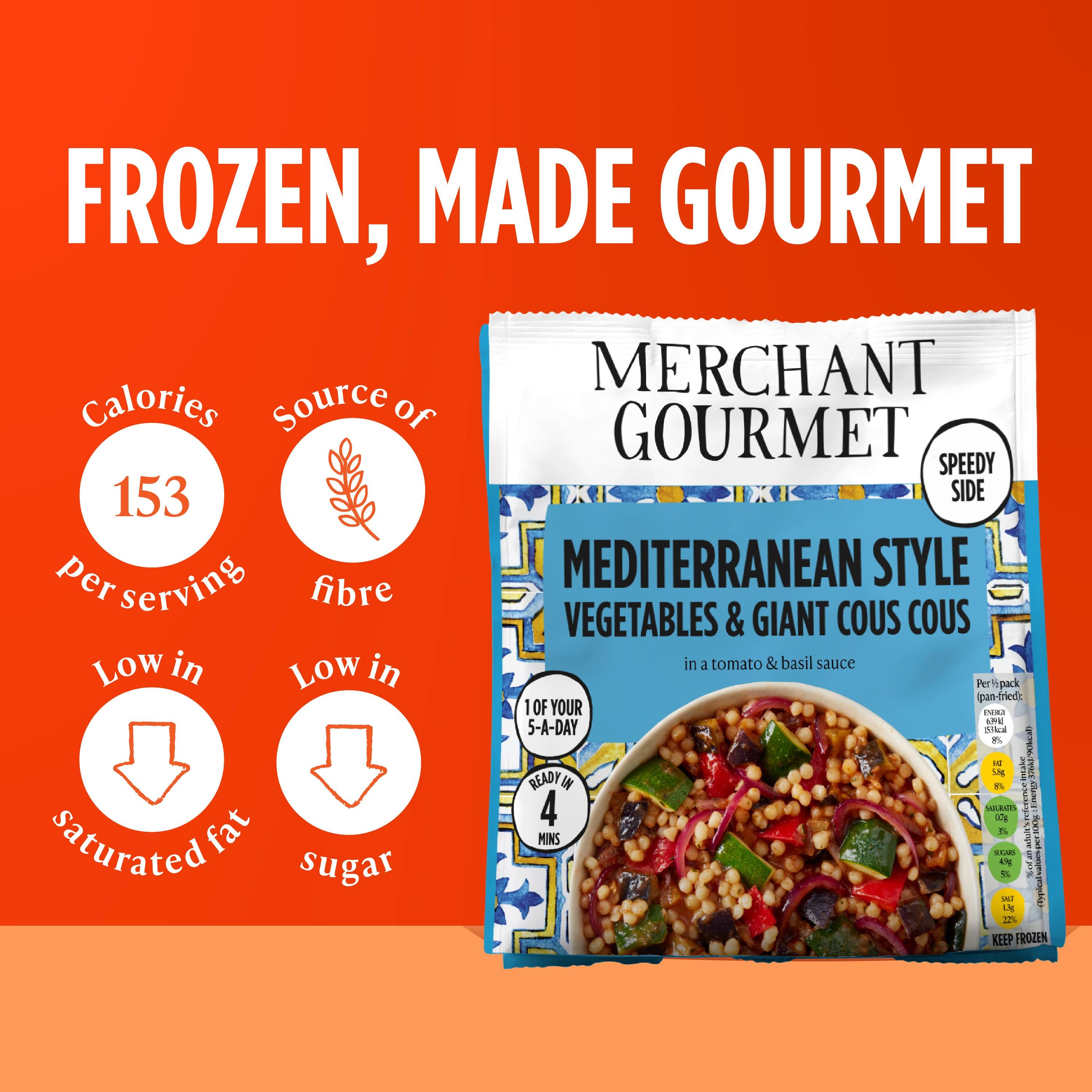 Merchant Gourmet frozen herby vegetables and giant couscous 400g, imported from the UK