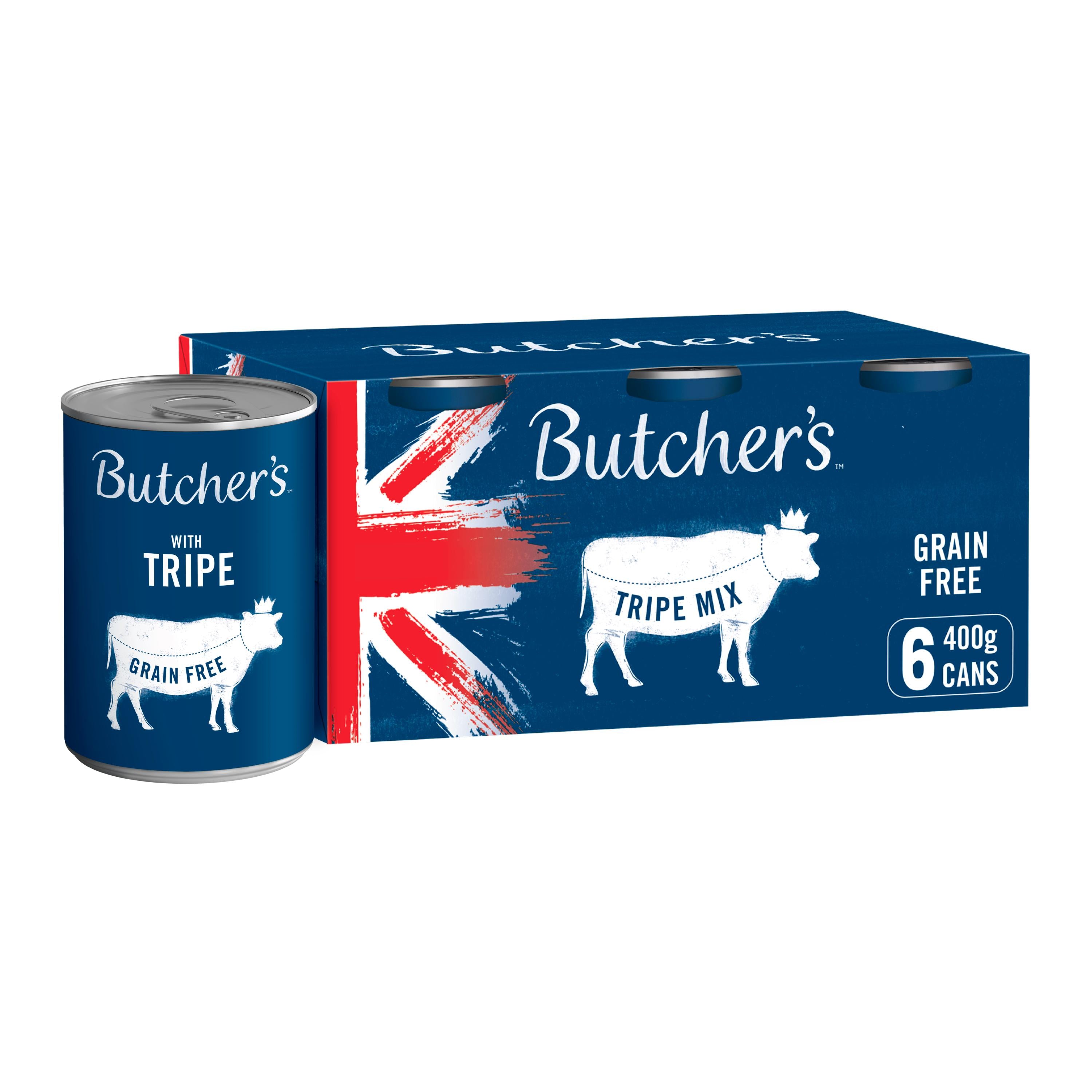 Butcher's tripe dog food 6x400g tins, imported from the UK
