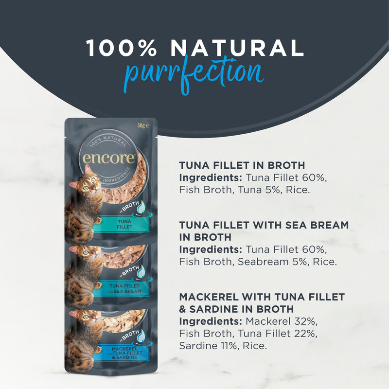 Encore cat food pouches fish selection in broth 5x50g, imported from the UK