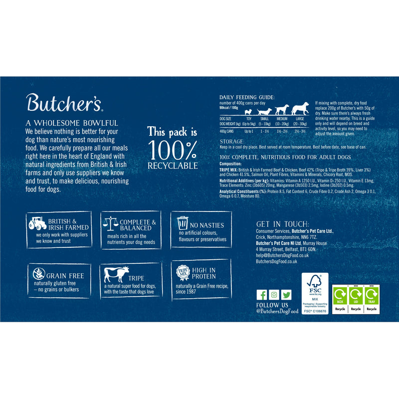 Butcher's tripe dog food 6x400g tins, imported from the UK