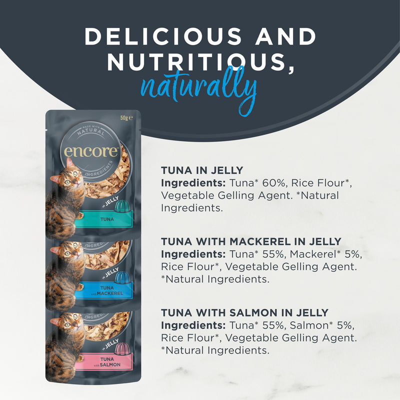 Encore fish selection cat food pouches 5x50g, imported from the UK