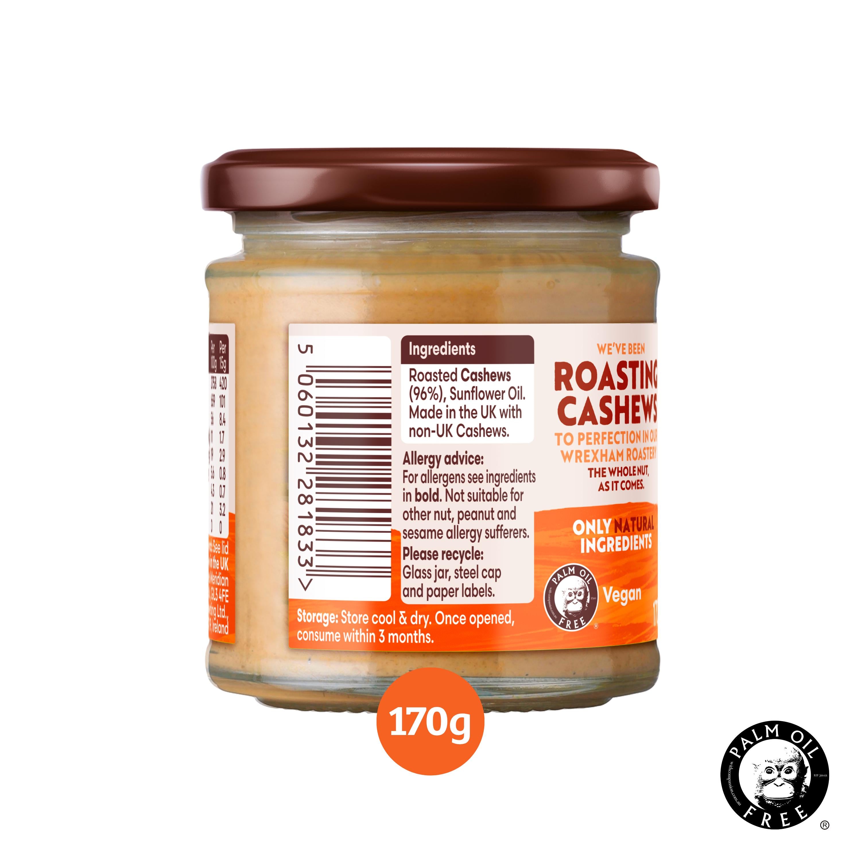Meridian Crunchy Cashew Nut Butter 170g Glass Jar, imported from the UK