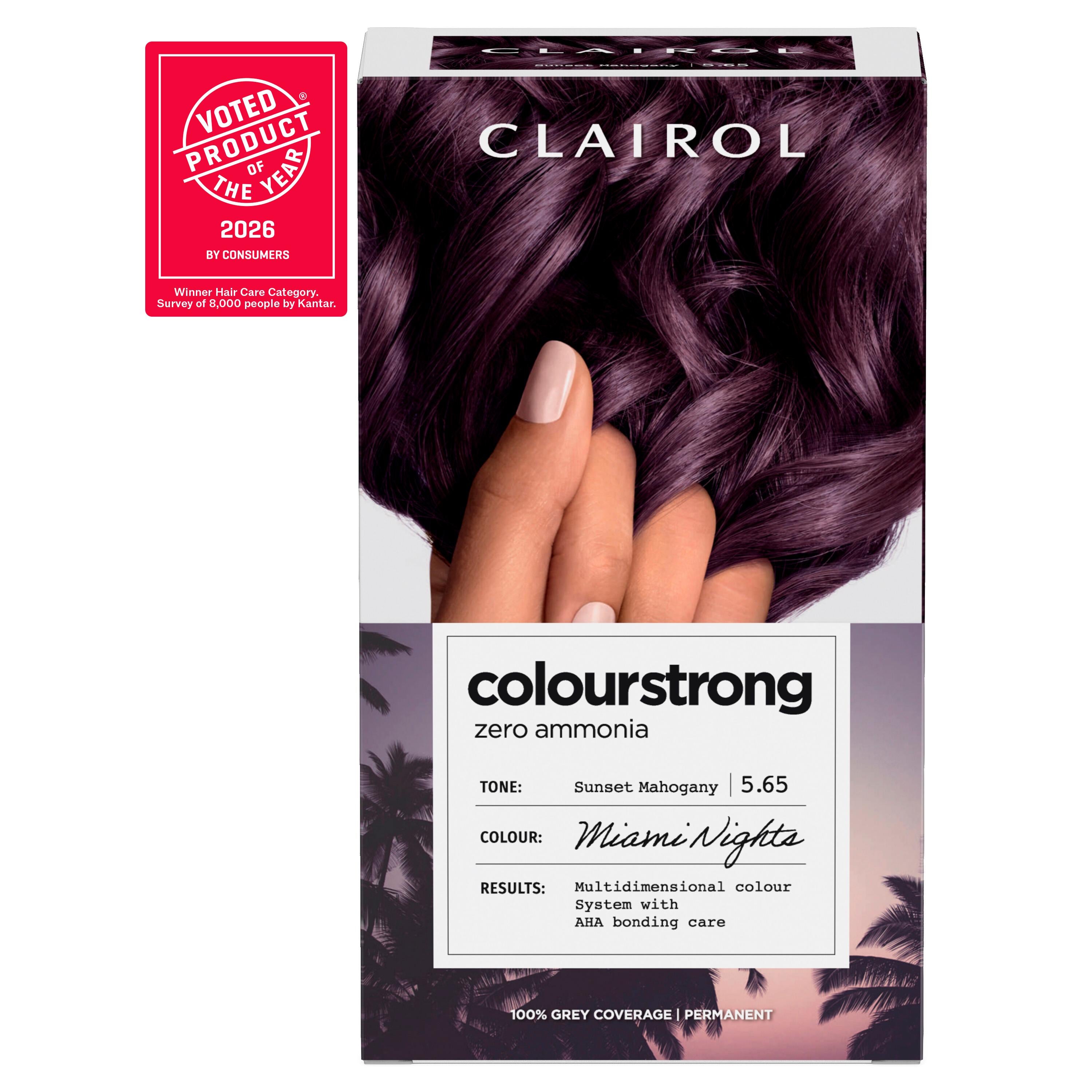 Clairol Colour Strong 5.65 Sunset Mahogany permanent hair dye, imported from the UK