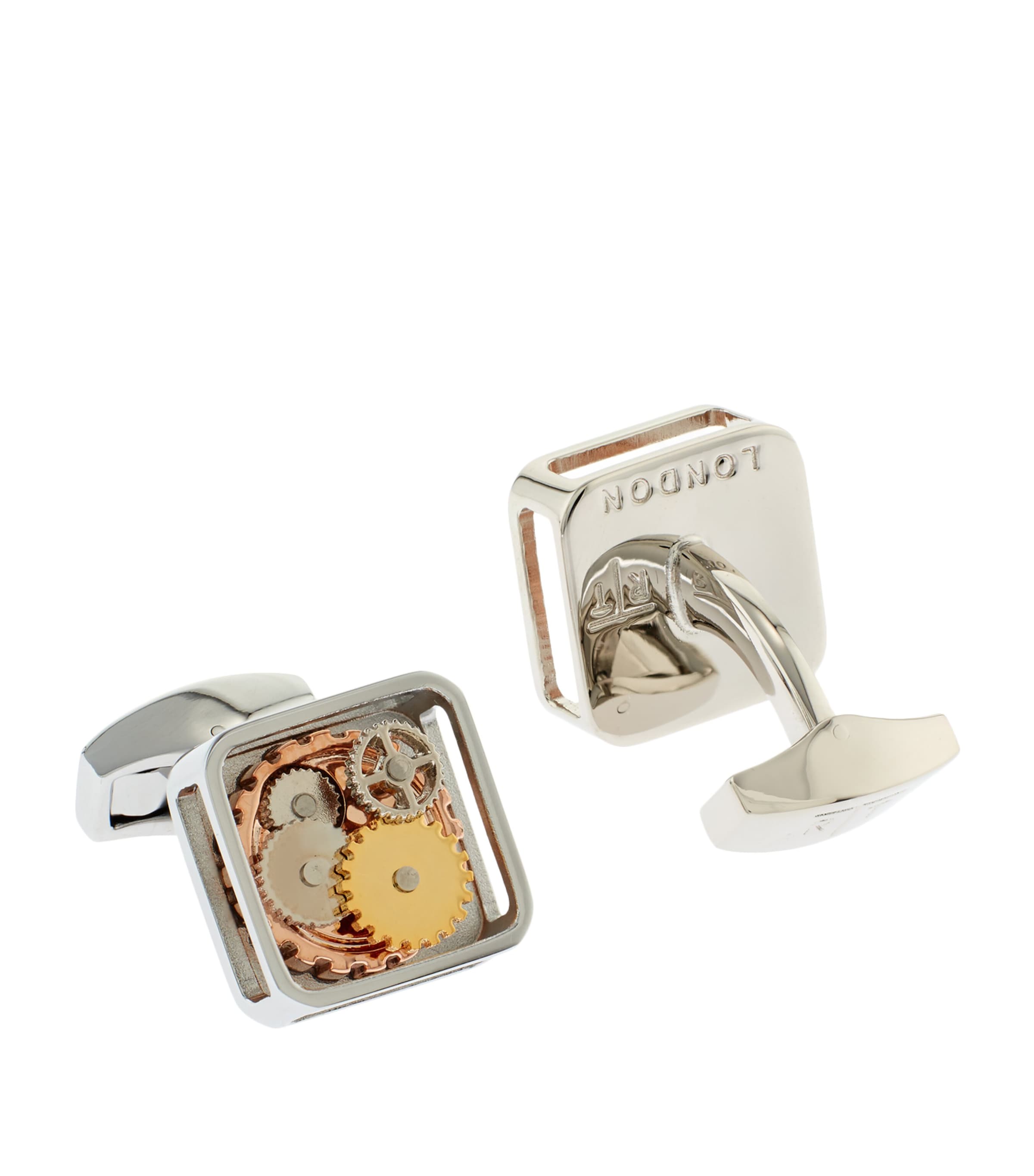 Tateossian cufflinks with square gear design, imported from the UK