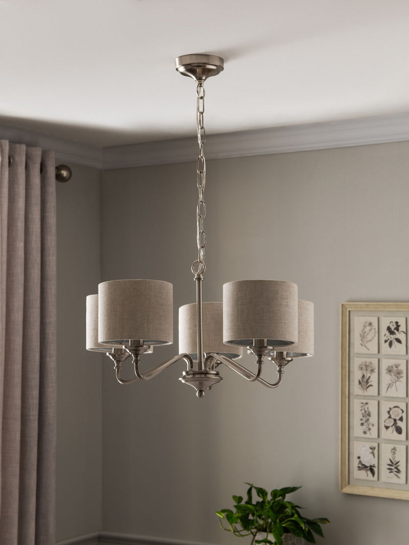 Next brushed nickel chandelier with oatmeal shades 5 light - British product