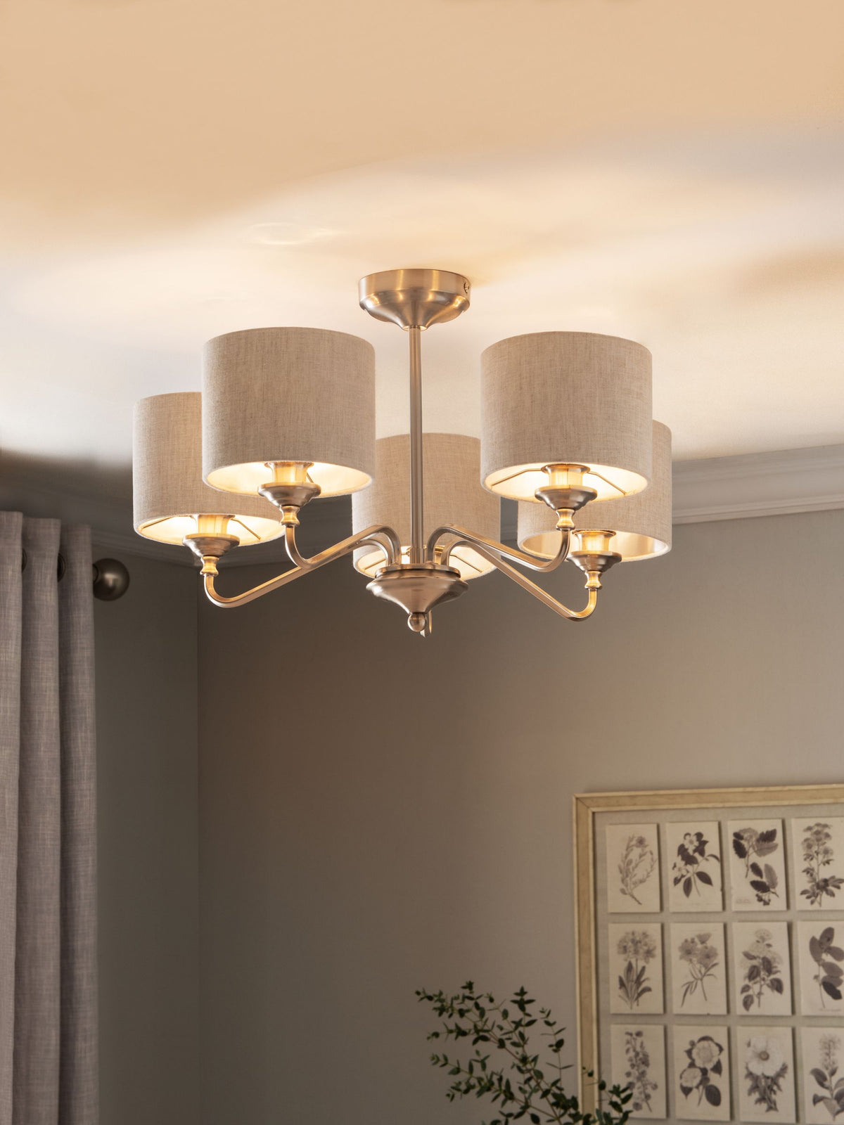 Next brushed nickel chandelier with oatmeal shades 5 light - British product
