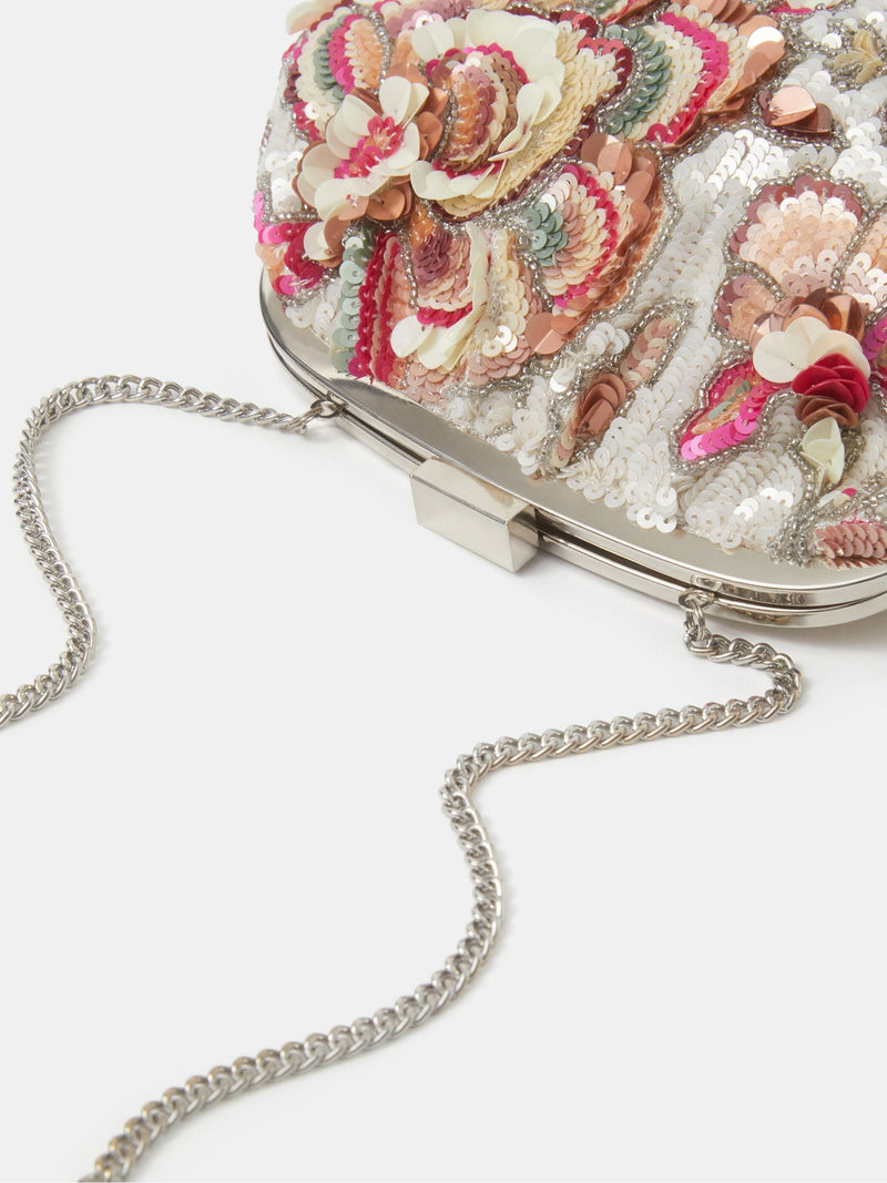 Accessorize white floral sequin clutch bag with crossbody chain (British brand)