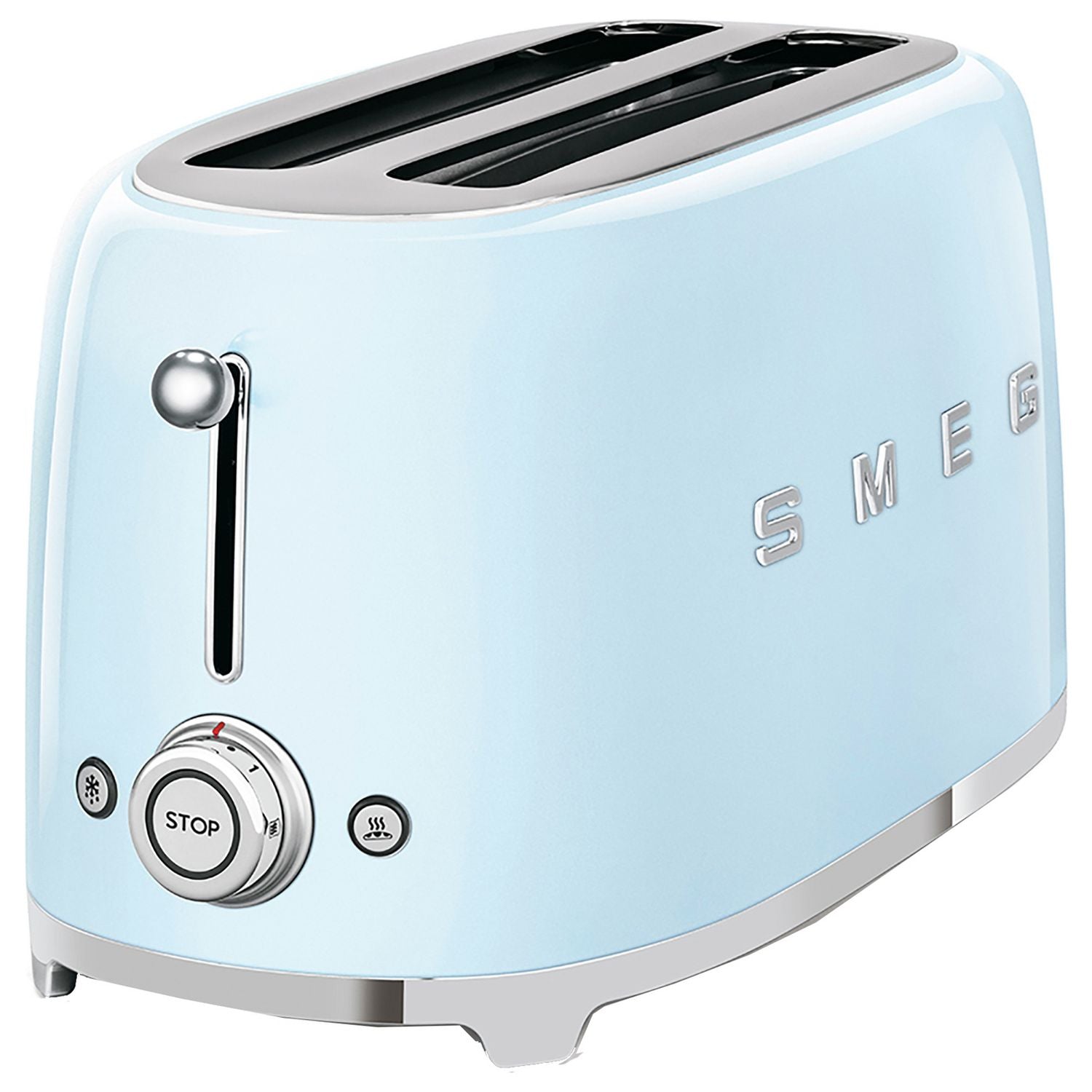 Pastel blue four slice toaster with wide slots, UK made (British brand)