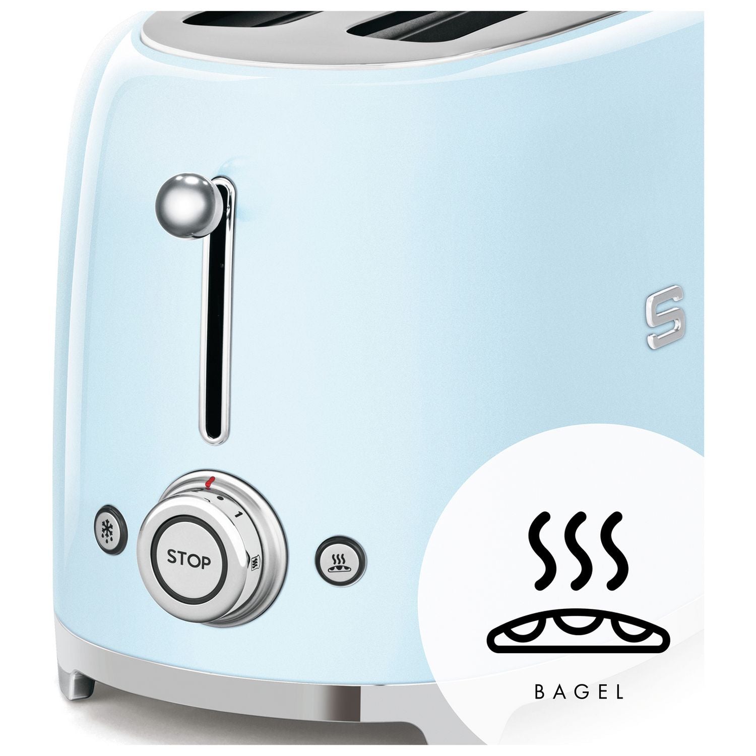 Pastel blue four slice toaster with wide slots, UK made (British brand)