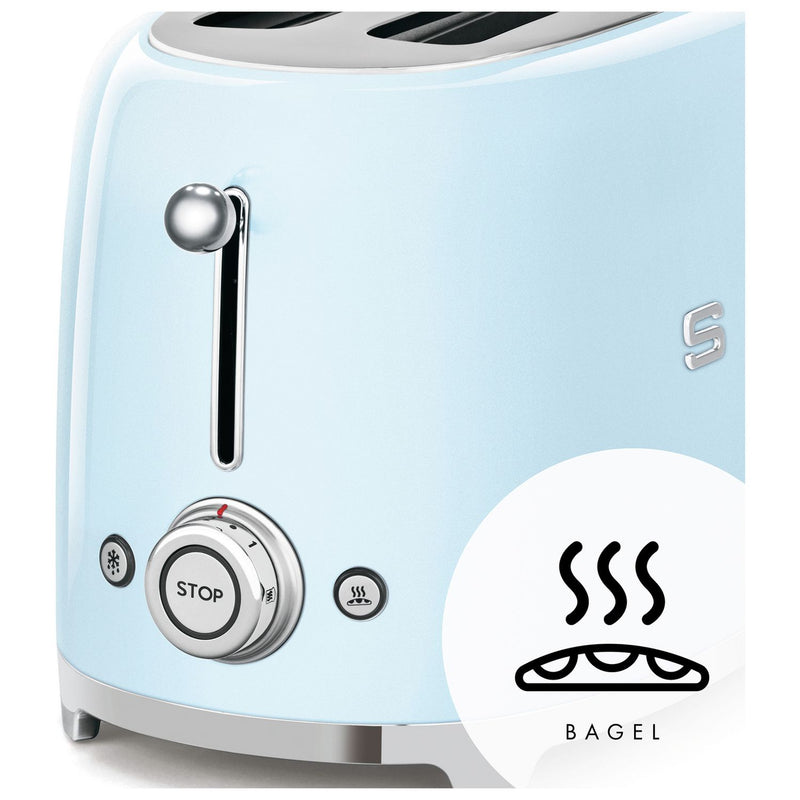 Pastel blue four slice toaster with wide slots, UK made (British brand)