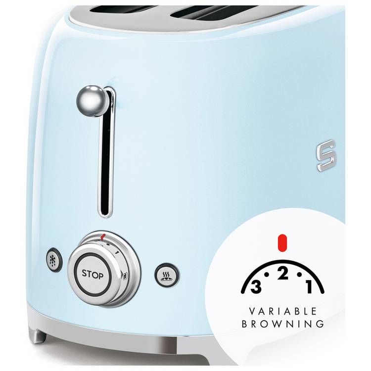 Pastel blue four slice toaster with wide slots, UK made (British brand)