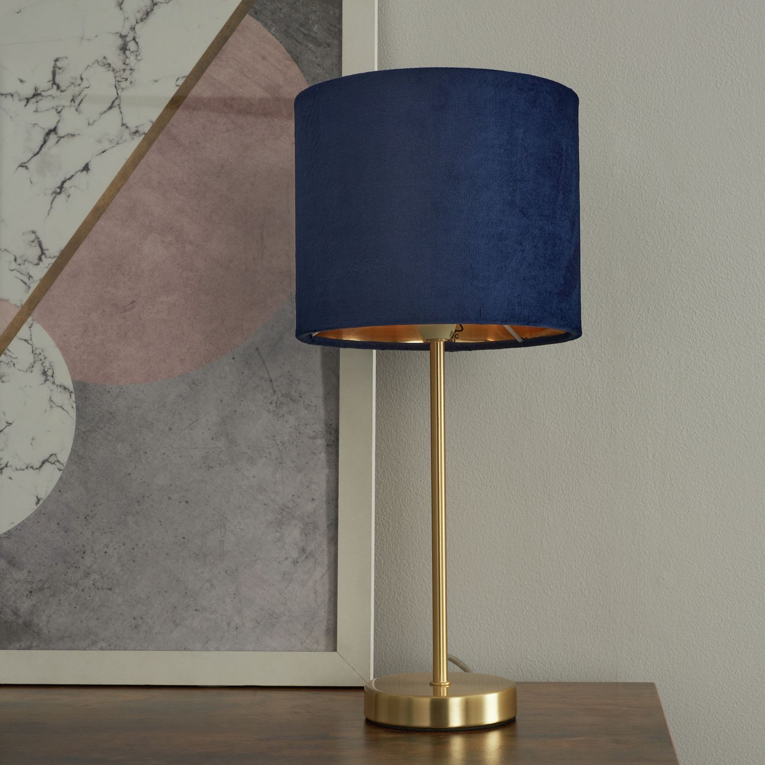 BHS Vera Velvet Steel  Table Lamp - Navy & Brass