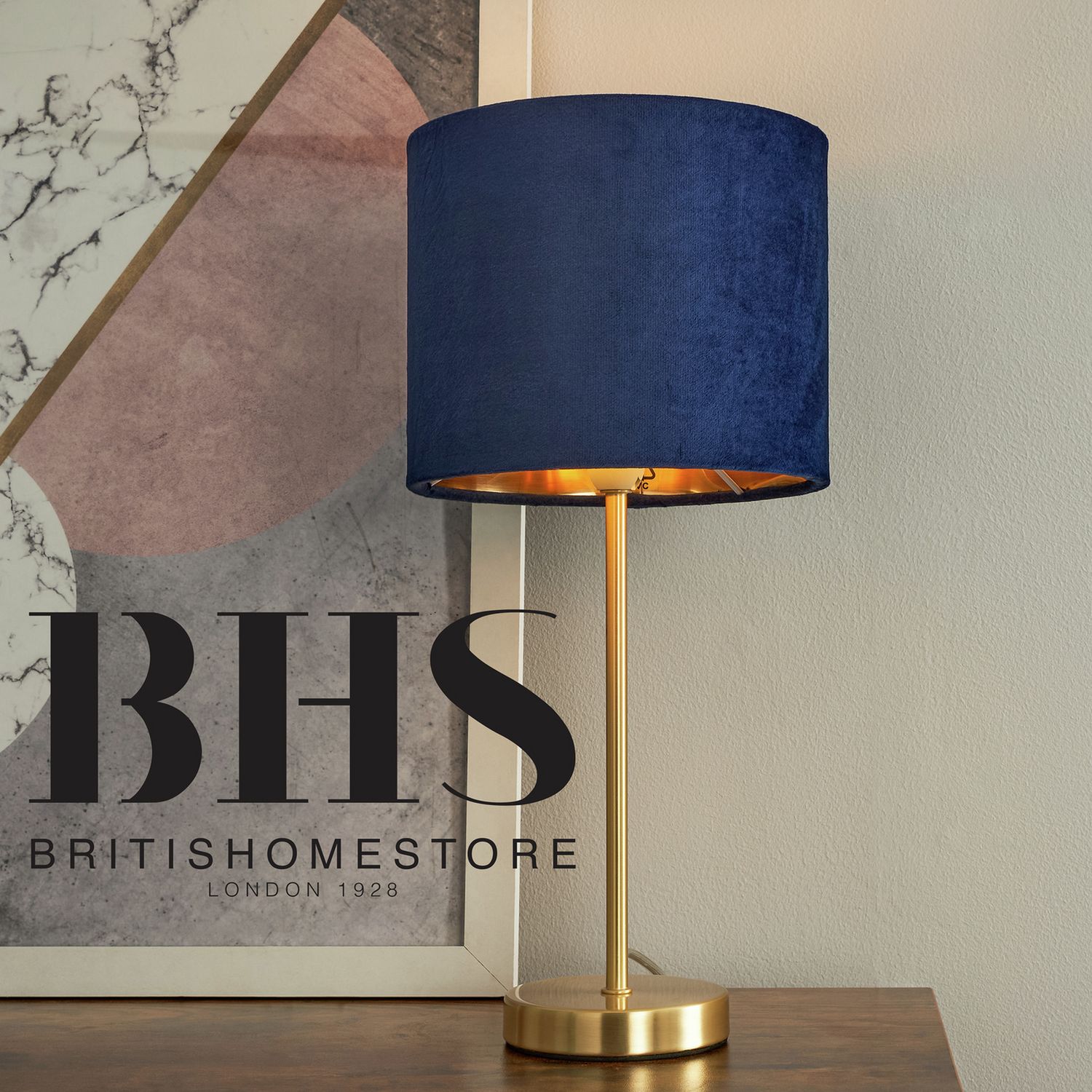 BHS Vera velvet table lamp navy brass, imported from the UK