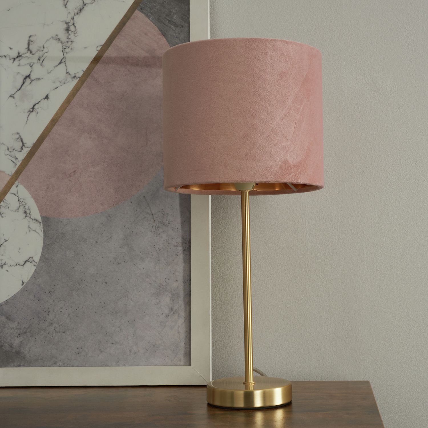 BHS Vera Velvet Steel Table Lamp - Brass & Pink