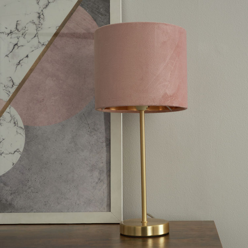 BHS Vera Velvet Steel Table Lamp - Brass & Pink