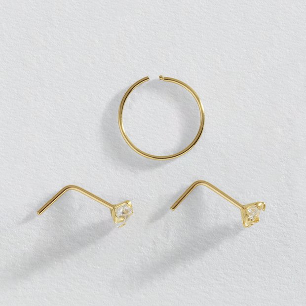 Revere 9ct yellow gold nose hoop and studs set of 3, imported from the UK