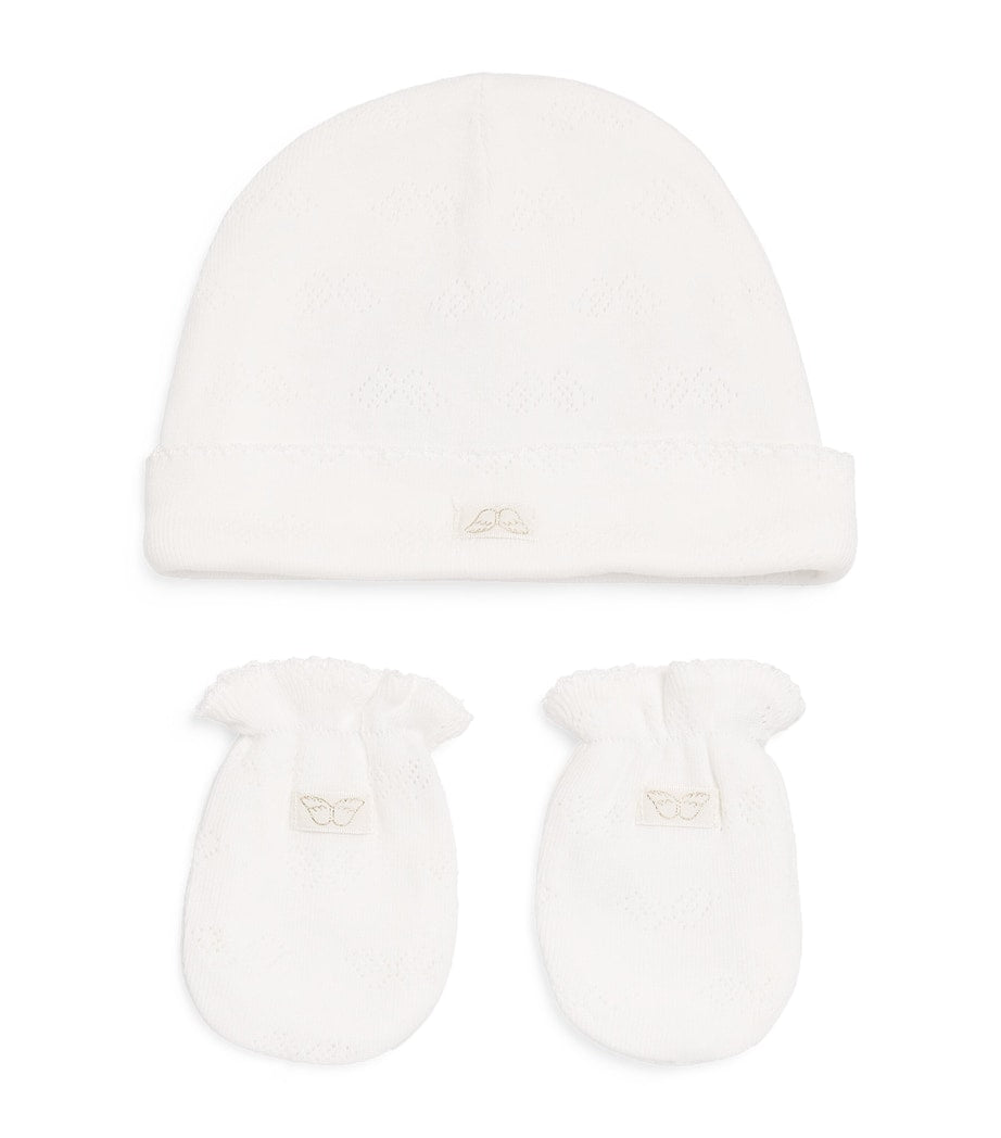 Marie-Chantal baby hat and mitten gift set in pointelle cotton, imported from the UK