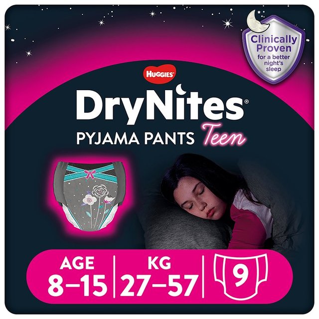 Huggies DryNites Girls Pyjama Pants 8-15 Yrs (27-57kg)   9 per pack GOODS M&S   