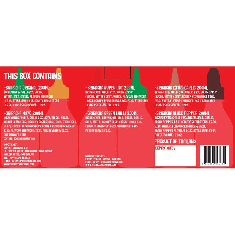 Flying Goose Sriracha Sauces Selection Pack 6x200ml, imported from the UK