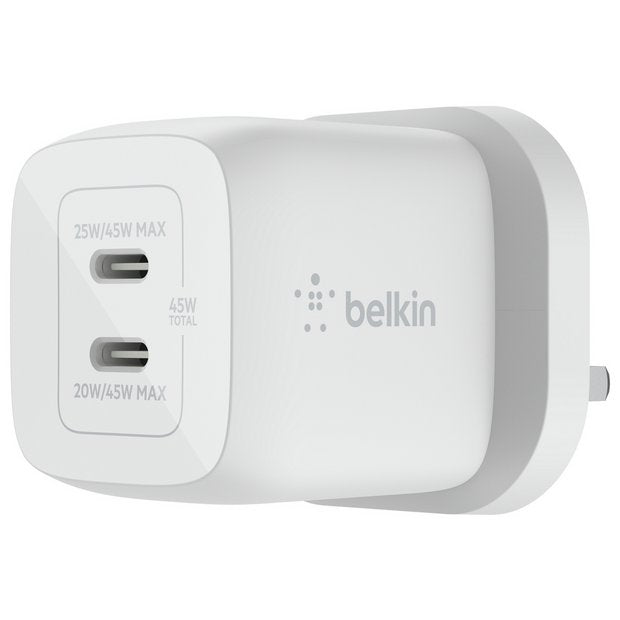 Belkin 45W dual USB-C GaN wall charger in white (British brand)