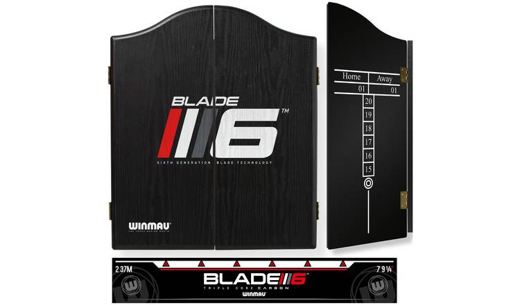 Winmau Blade 6 dartboard cabinet with Oche throw line, imported from UK