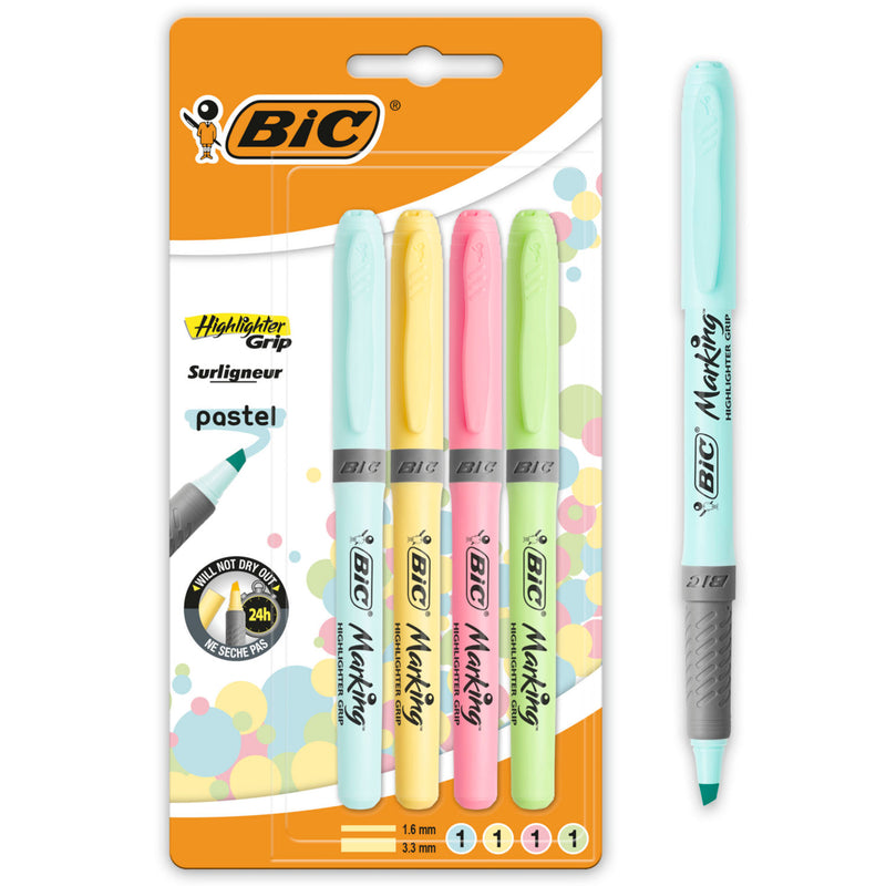 BIC highlighter grip pens 4-pack in pastel colours (British brand)