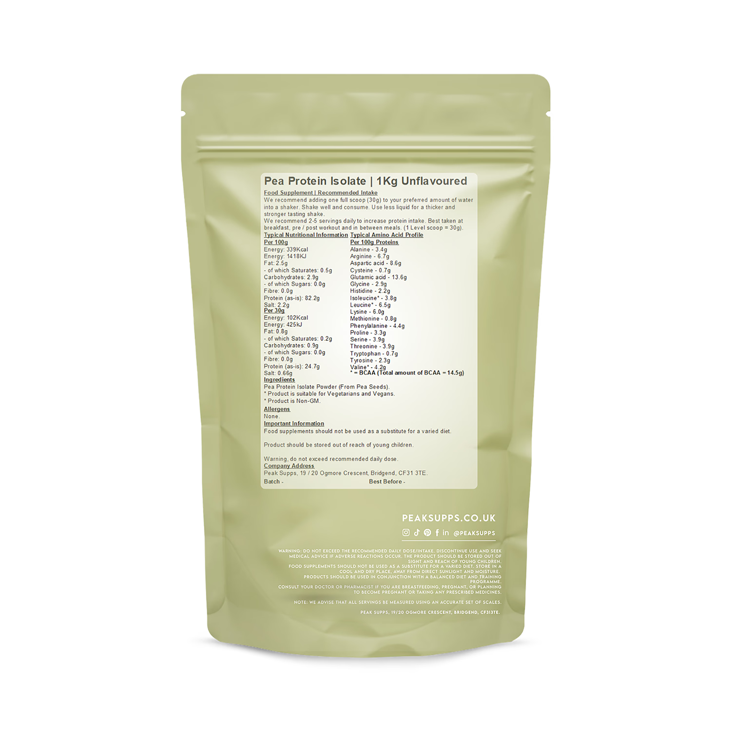 Peak Supps pea protein isolate powder 1kg, imported from the UK