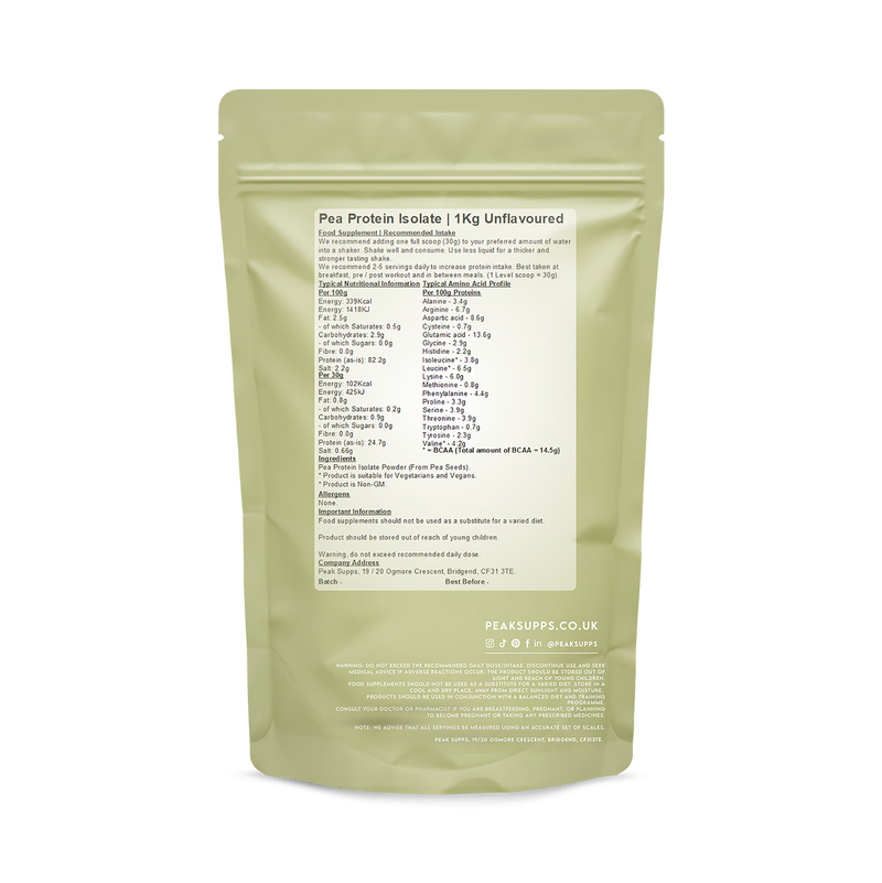 Peak Supps pea protein isolate powder 1kg, imported from the UK