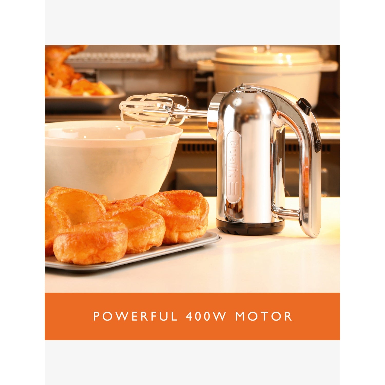 Dualit hand mixer with flat beaters, whisk, and dough hooks, UK version
