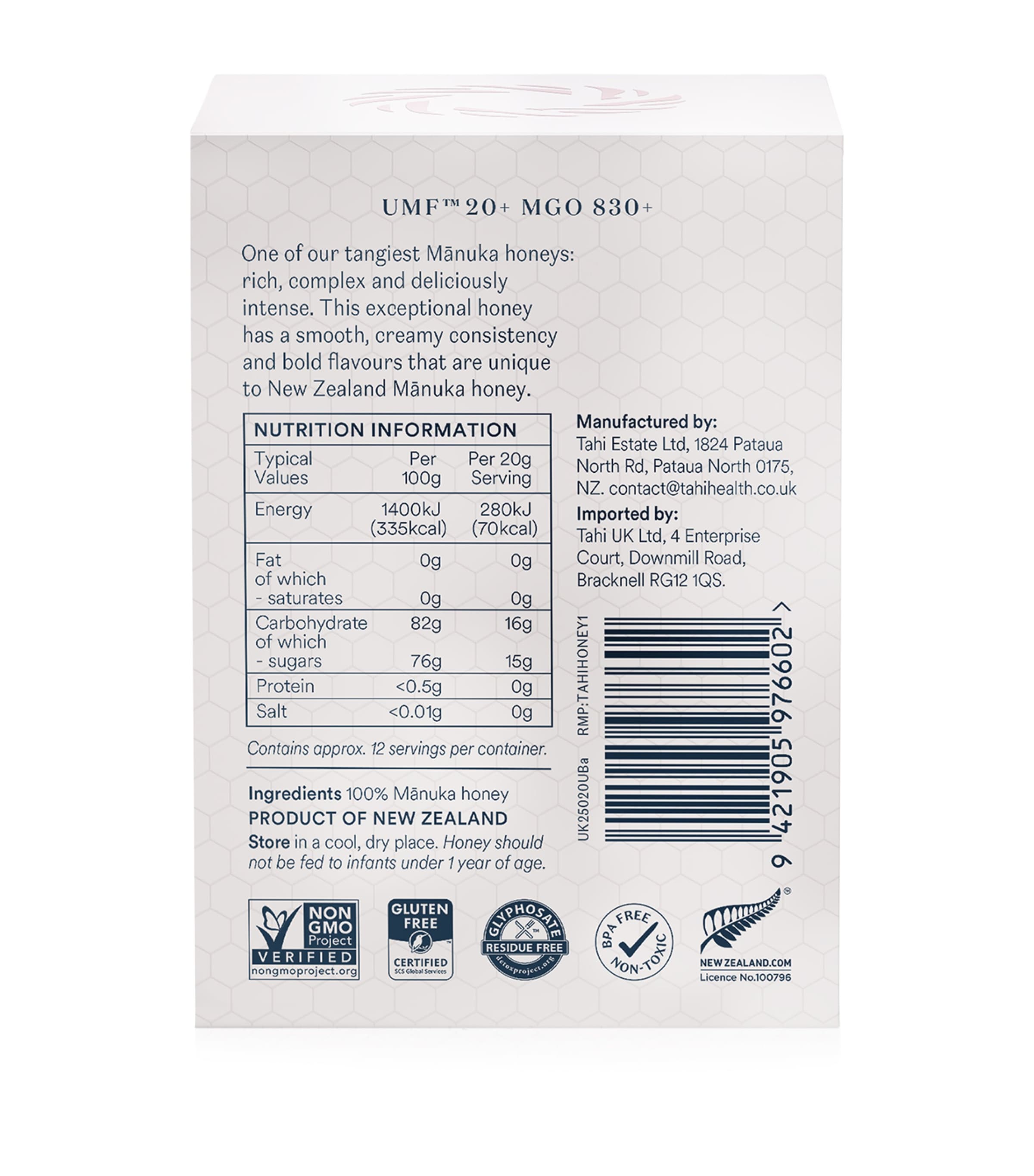 Tahi Honey Manuka Honey UMF 20+ MGO 830+ 250g (British brand)